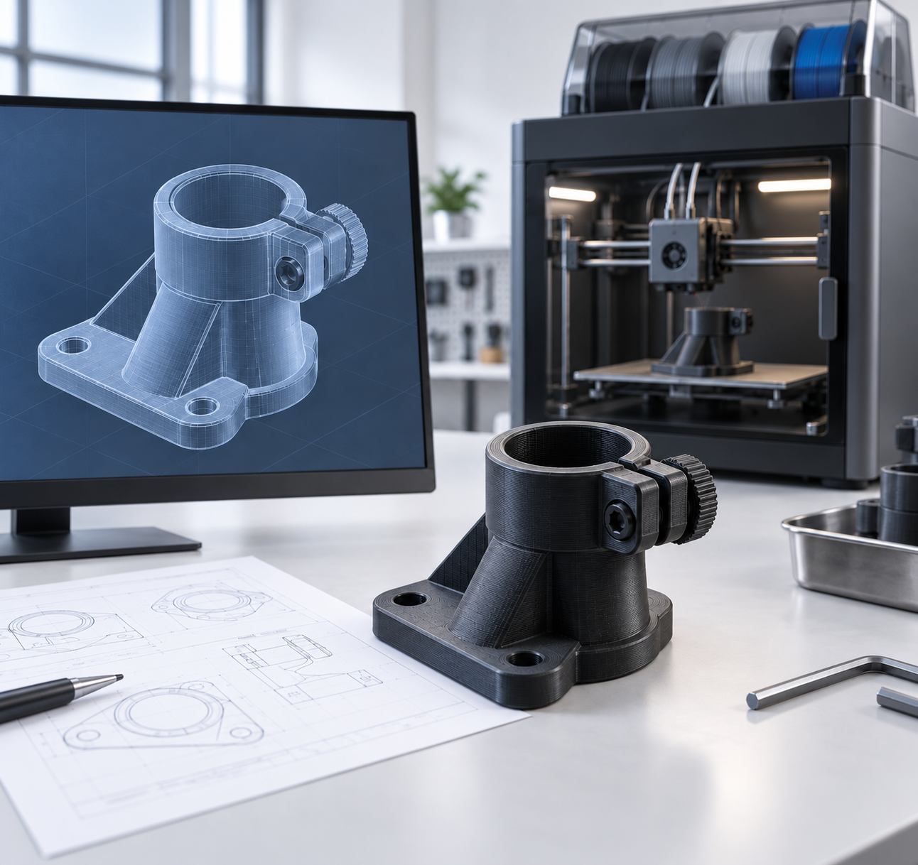Peça funcional impressa em 3D ao lado de seu modelo digital, representando o processo de fabricação da 3Degas.
